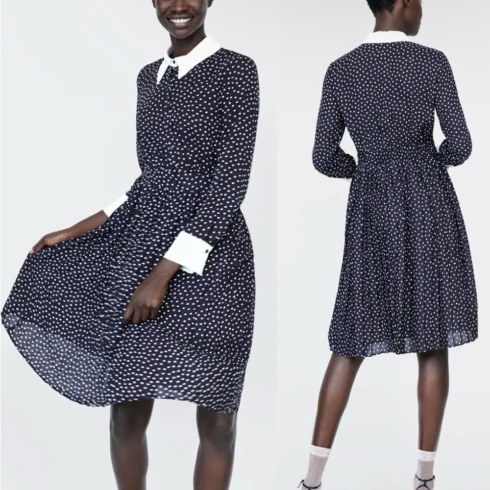 Zara Blue and White Long Sleeve Peter Pan Collar Dress